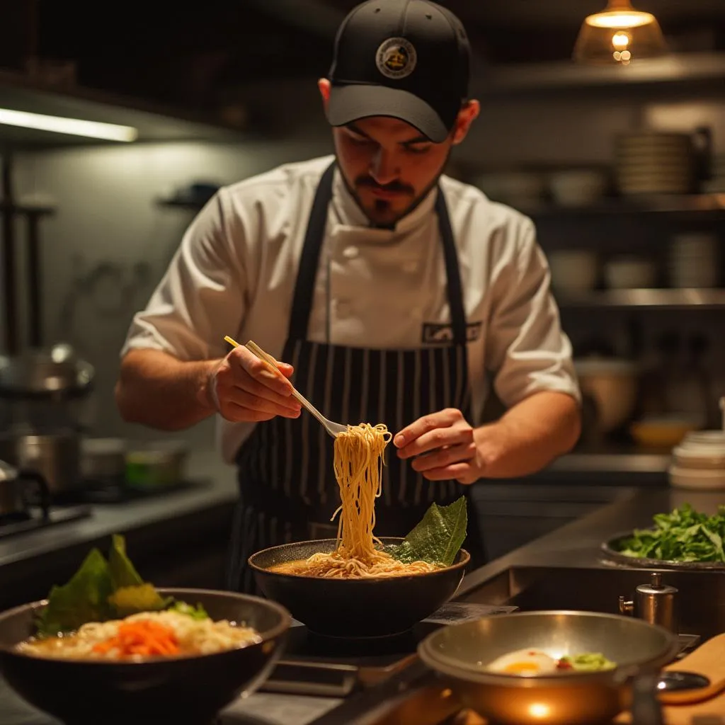 Chef preparando ramen tradicional